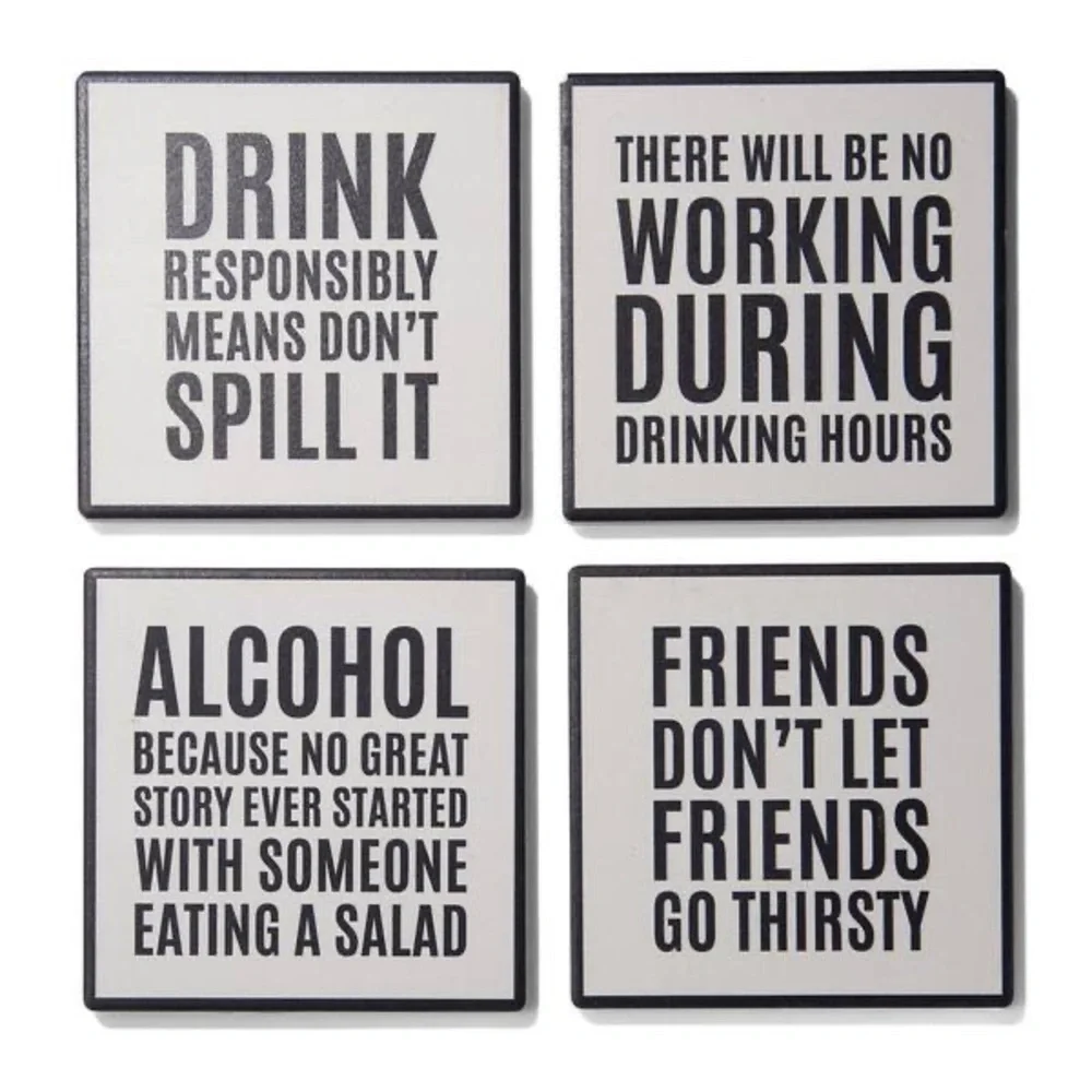 American Atelier Work Hour Happy Hour S/4 Ceramic Coasters NWT